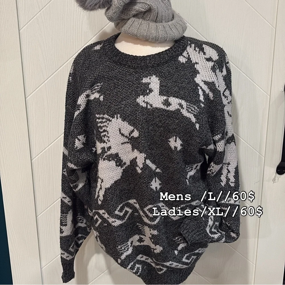 Vintage jacquard Pegasus sweater, bold/90s /maximalist/‎ cozy unisex (XL) - Picture 3 of 6